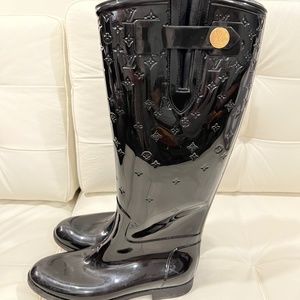 Louis Vuitton Long Black Shiny Rain Boots, Size 38